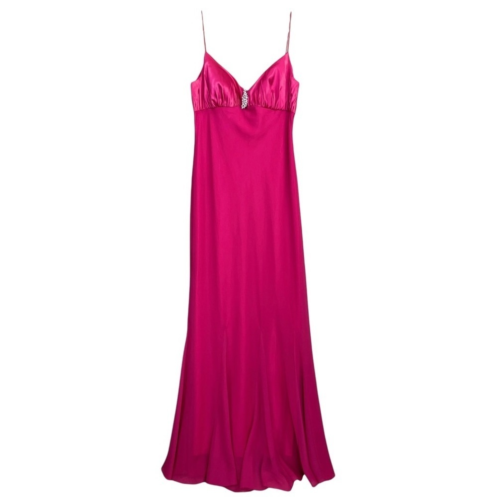 New Rimini Rhinestone Satin Long Gown Dress Hot Pink Silver Prom Formal Size 8